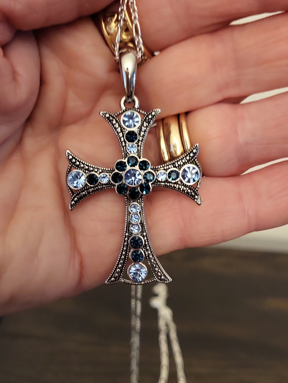 Beautiful Silver Cross, Light Blue & Dark Blue Rhinestone Detailing